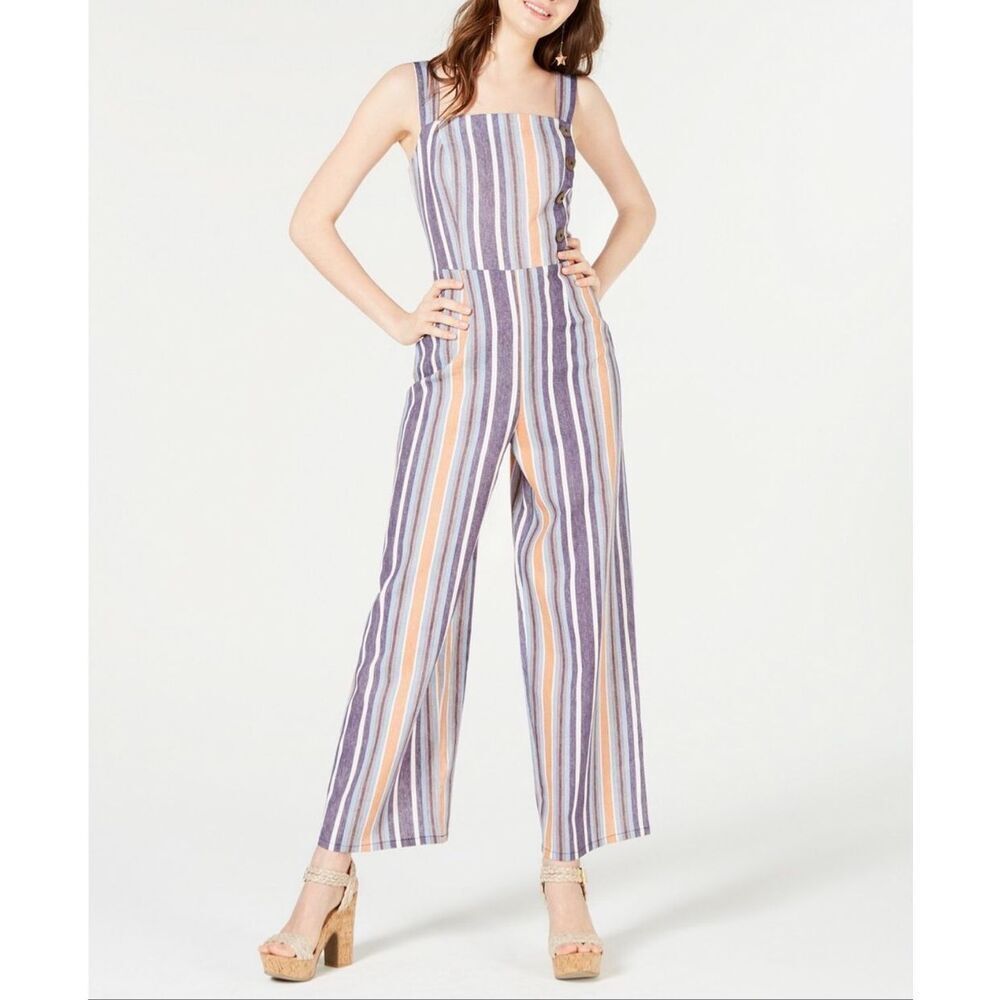 Fishbowl Button Linen Jumpsuit Blue Orange Stripe Juniors 9